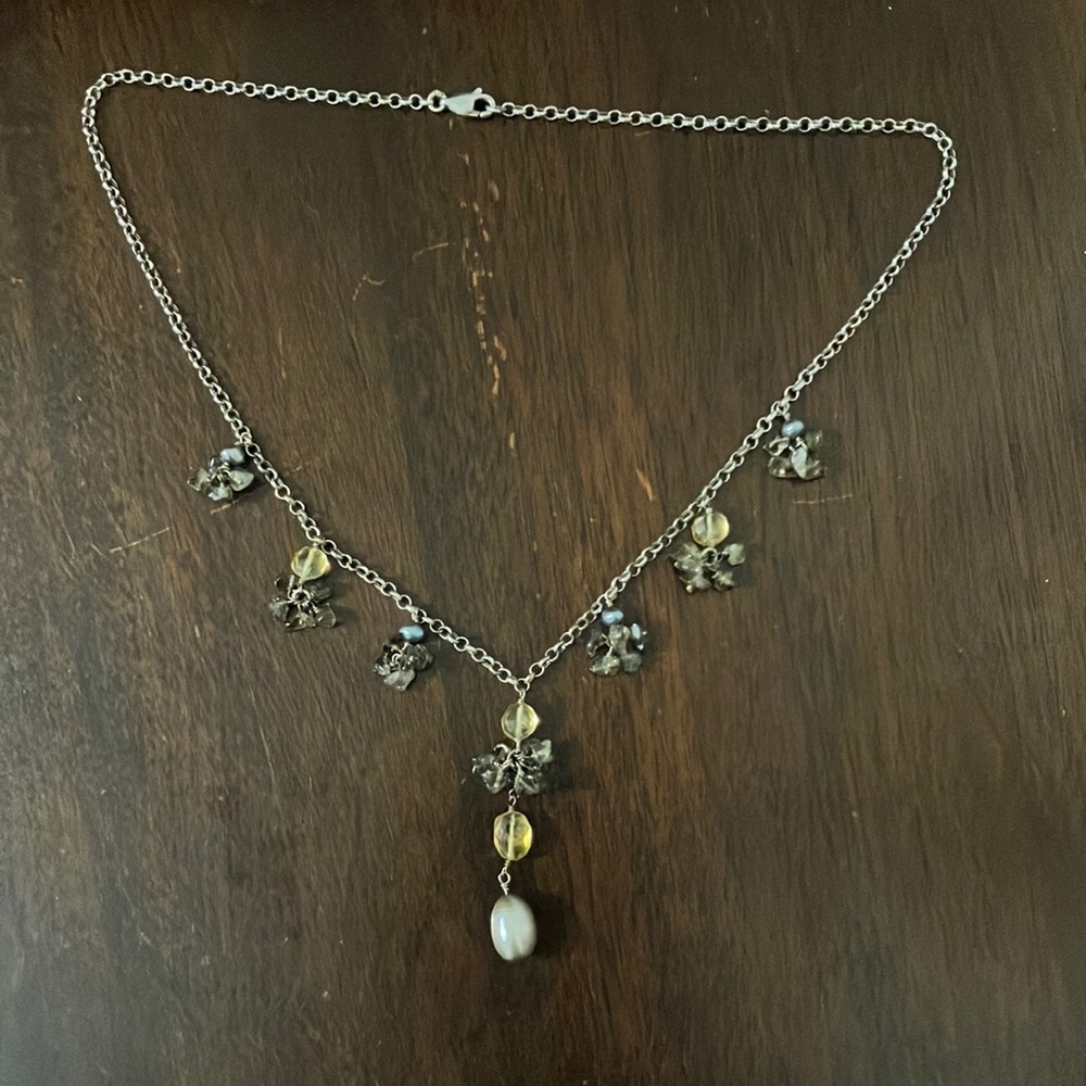 Vintage 925 Sterling Silver Necklace with Pearls, Smokey Quartz, and Citrine